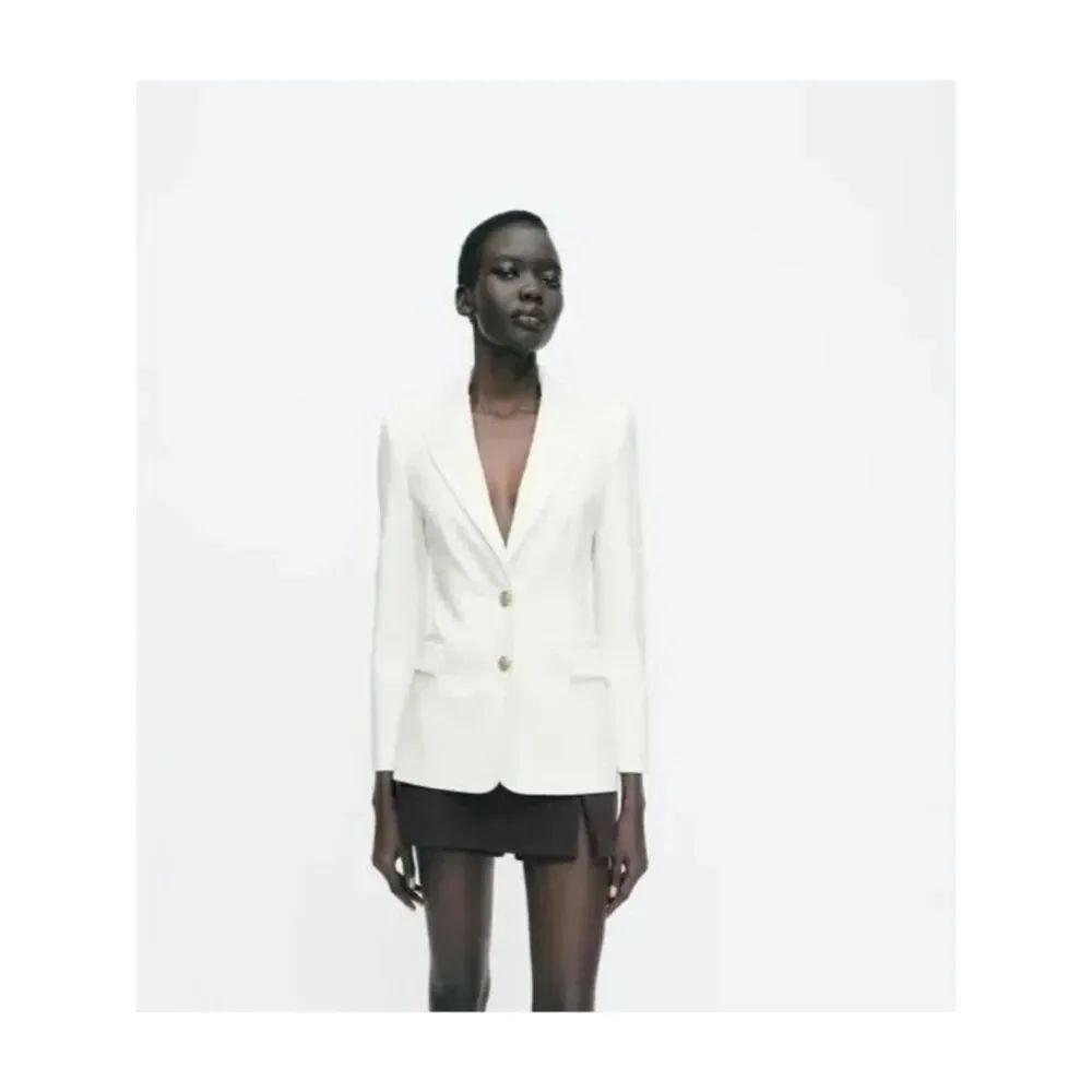 Zara Womens Blazer jacket XL off White Slim Fit Padded Gold Button 2128/599 NWT